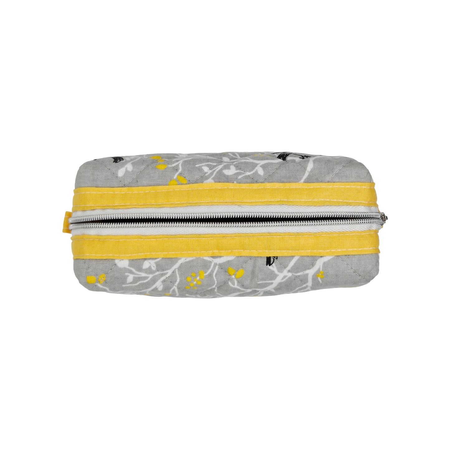 Grey Branch Sparrow Bird Pattern Yellow Accented Quilted Pattern Mini Zipper Box Pouch