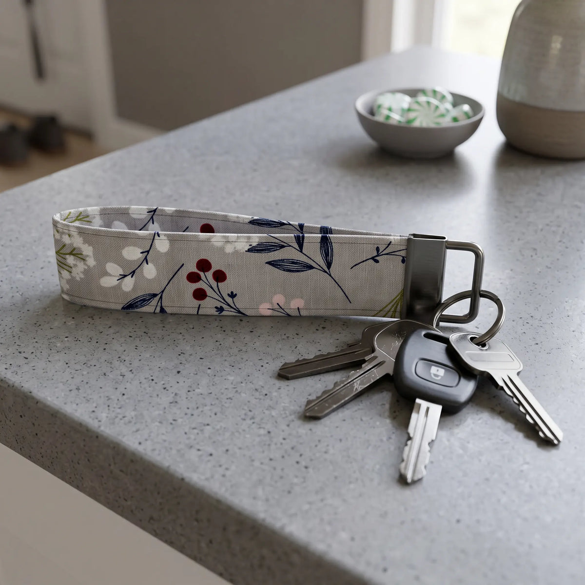 Gray Botanical Floral Keychain Wristlet