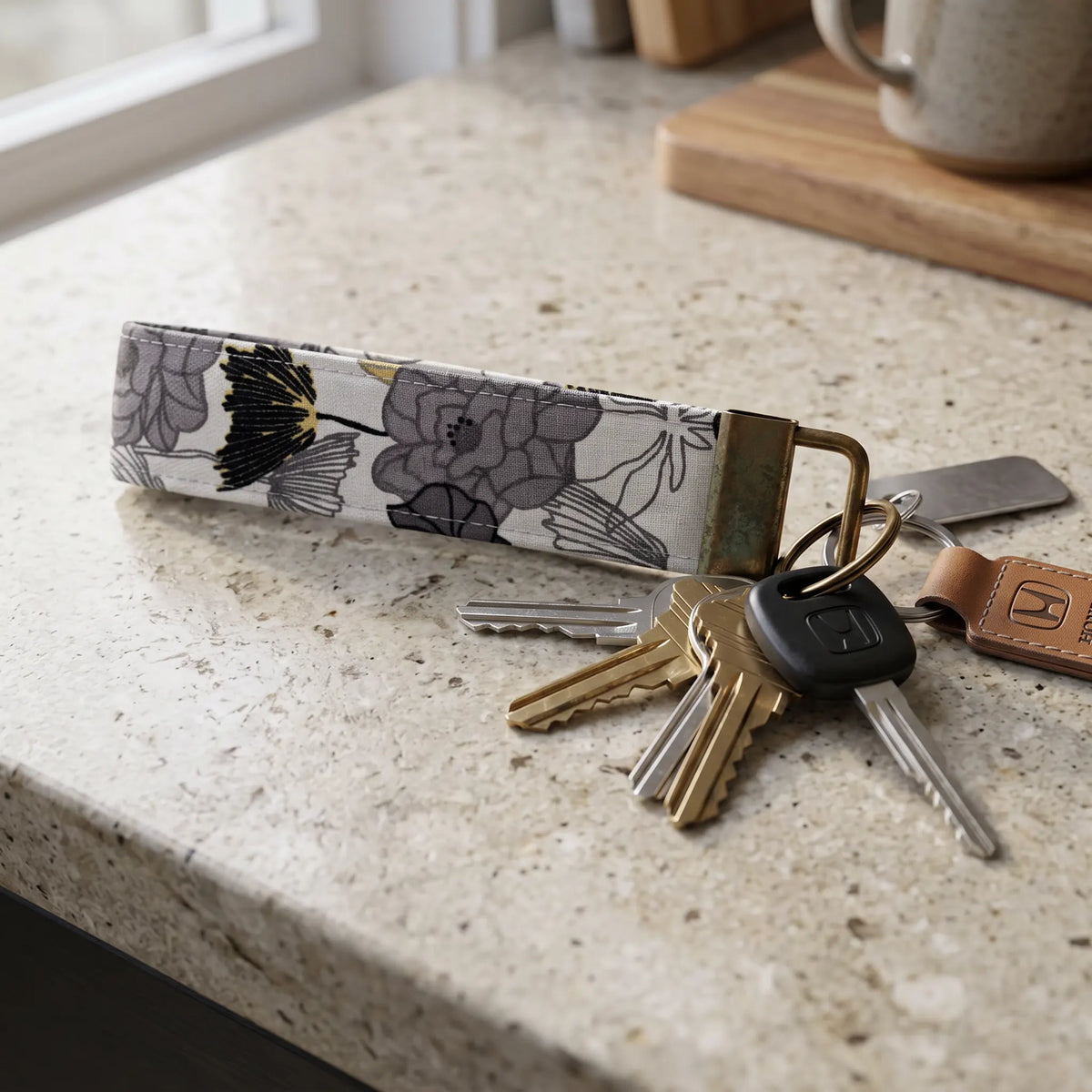 Gray Yellow Floral Keychain Wristlet