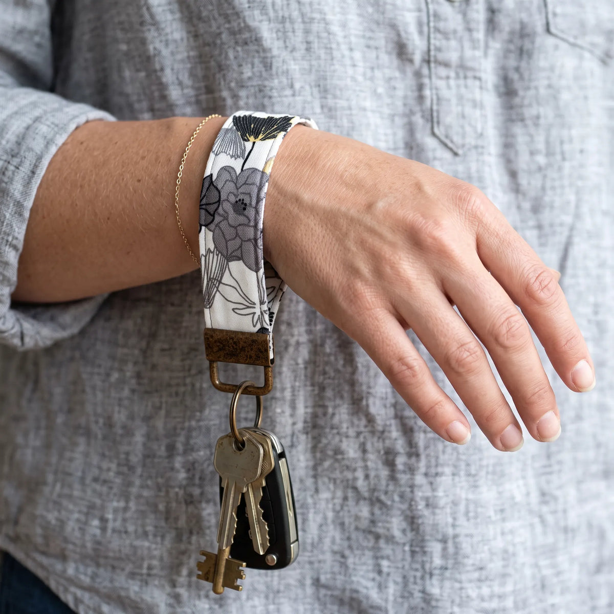 Gray Yellow Floral Keychain Wristlet