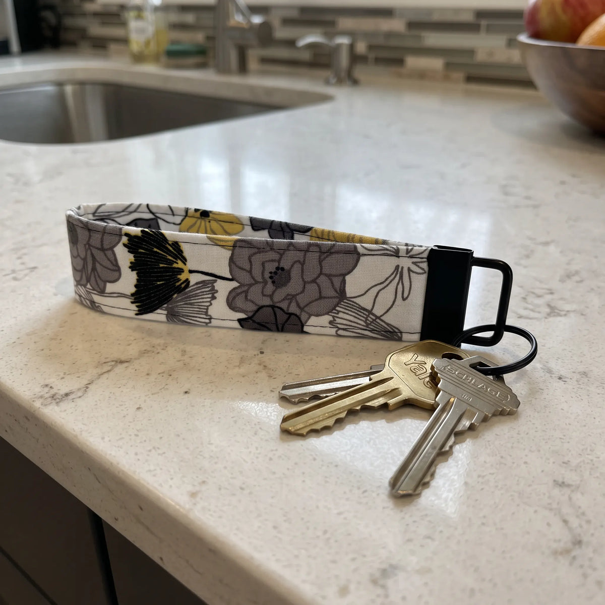 Gray Yellow Floral Keychain Wristlet