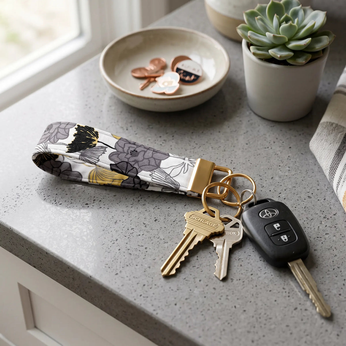 Gray Yellow Floral Keychain Wristlet