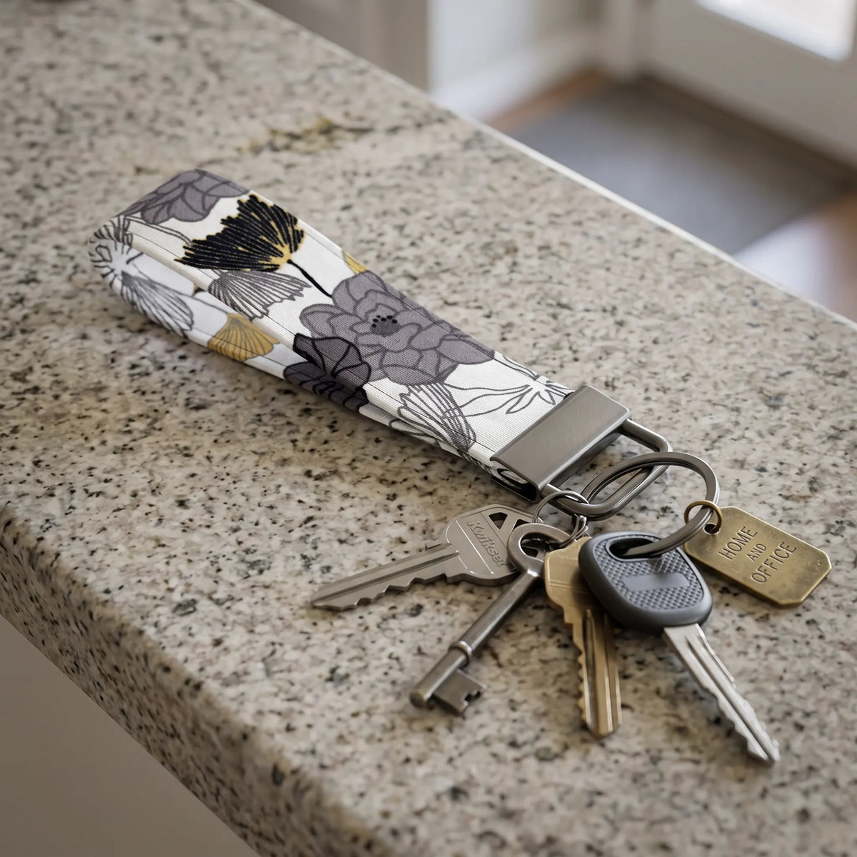 Gray Yellow Floral Keychain Wristlet