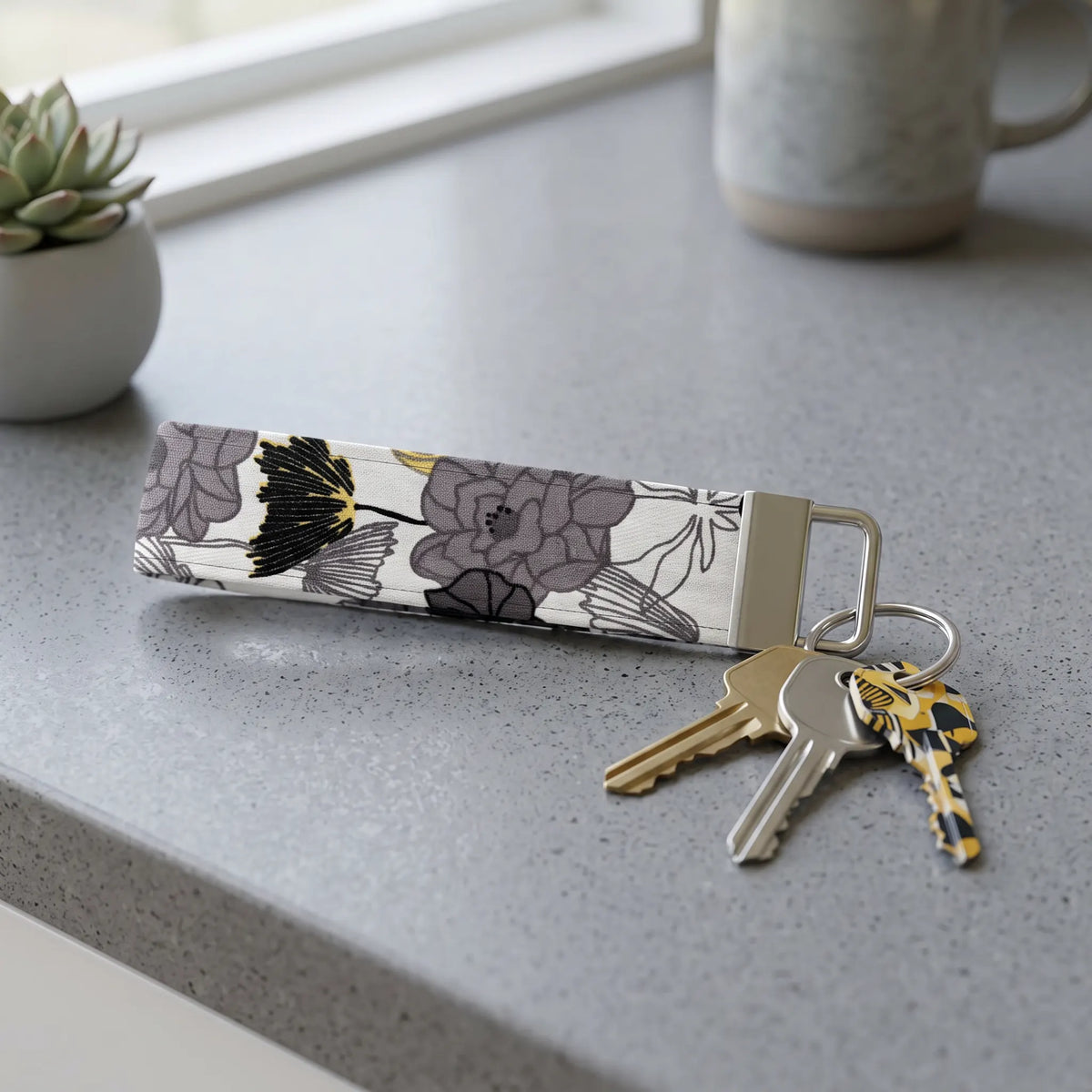 Gray Yellow Floral Keychain Wristlet