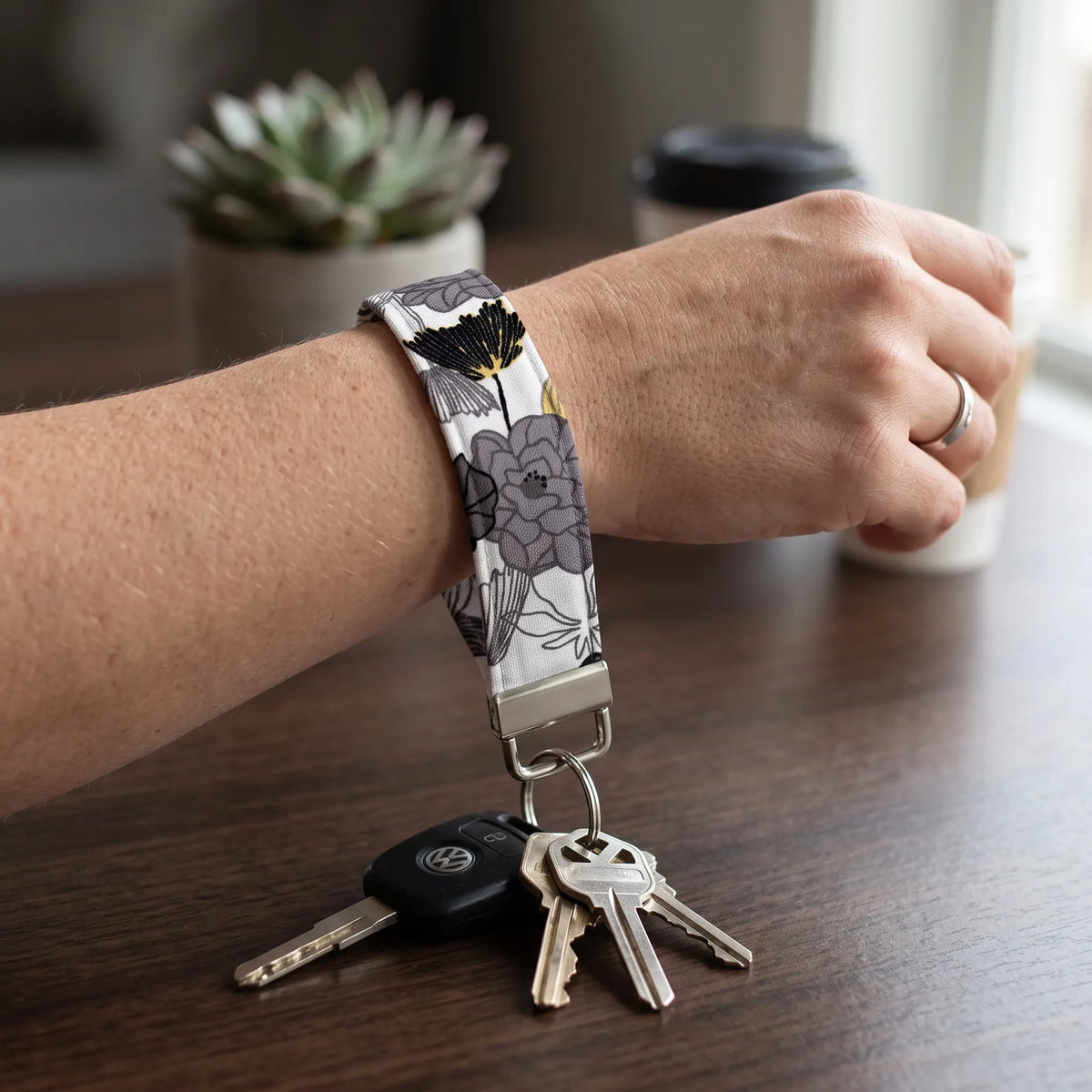 Gray Yellow Floral Keychain Wristlet
