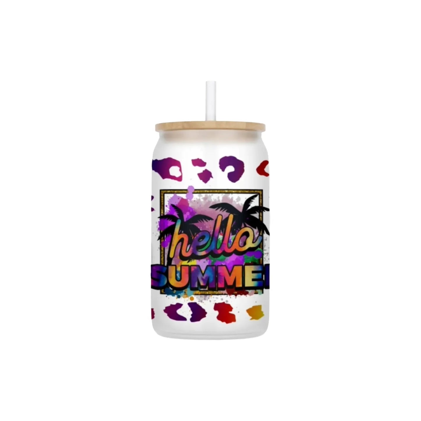 Hello Summer Rainbow Leopard 16oz Frosted Glass Can