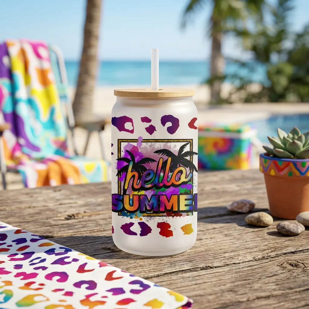 Hello Summer Rainbow Leopard 16oz Frosted Glass Can