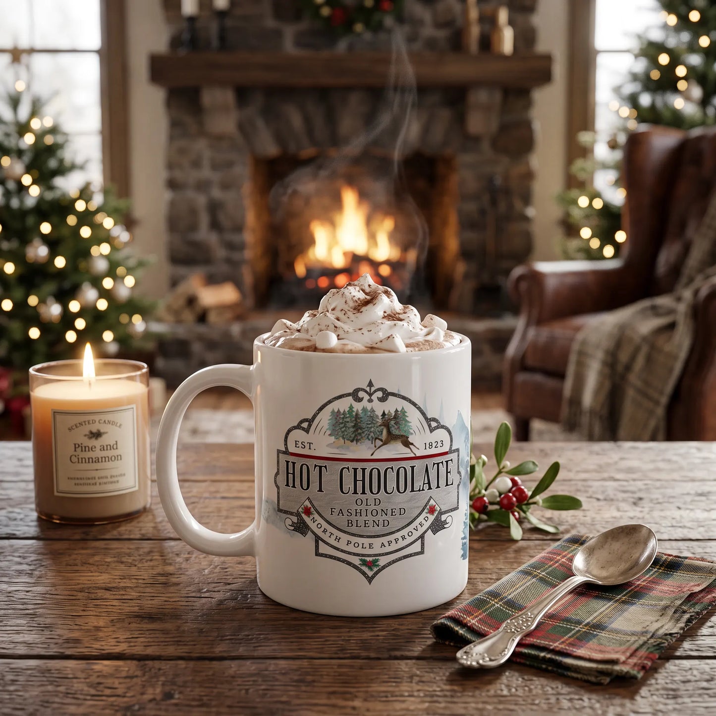 Vintage Christmas Hot Chocolate Mug, 11oz Winter Scene Holiday Cocoa Cup