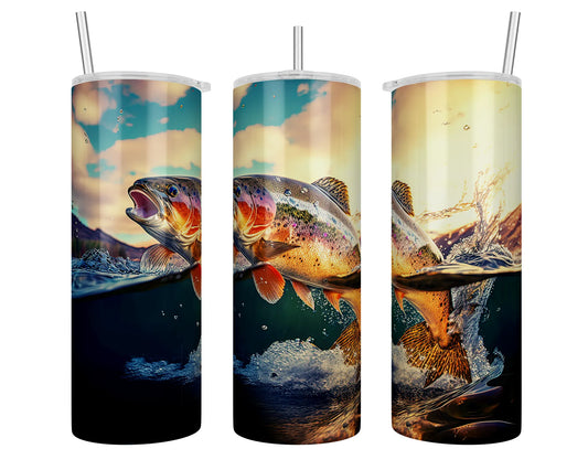 20 oz Fishing Jumping Trout Sunset Sublimation Tumbler