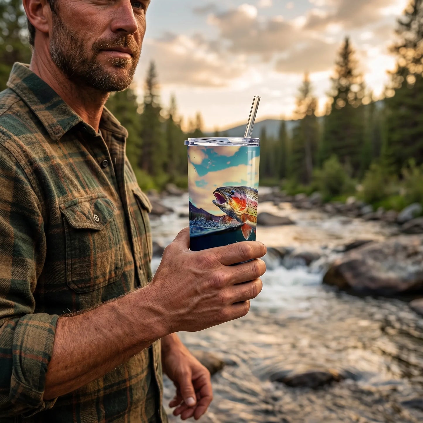 Rainbow Trout Fishing Scene 20oz Skinny Tumbler