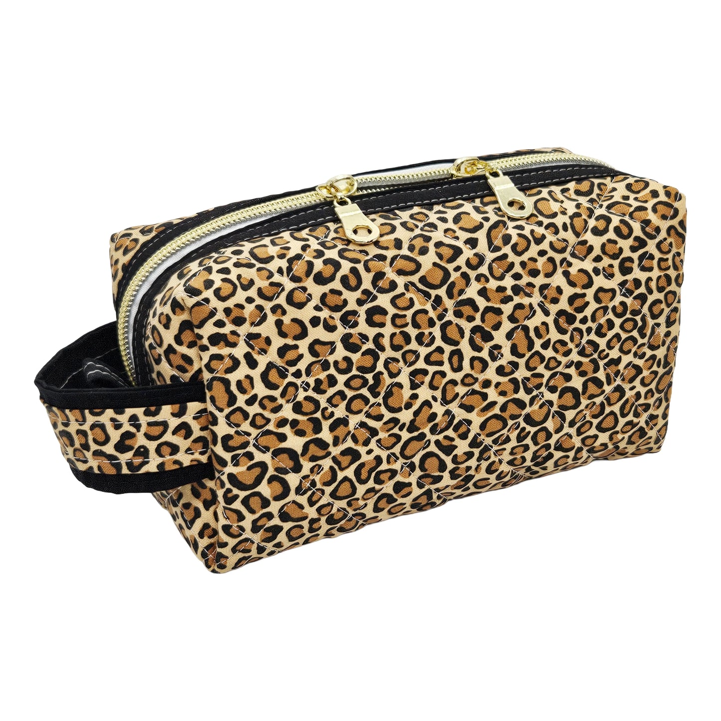 Leopard Pattern Black Accented Quilted Pattern Zipper Box Pouch