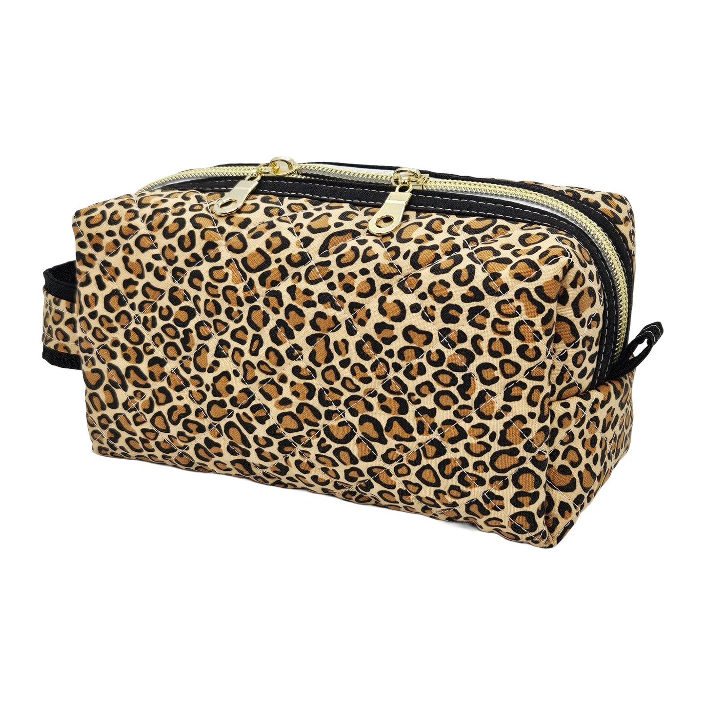 Leopard Pattern Black Accented Quilted Pattern Zipper Box Pouch