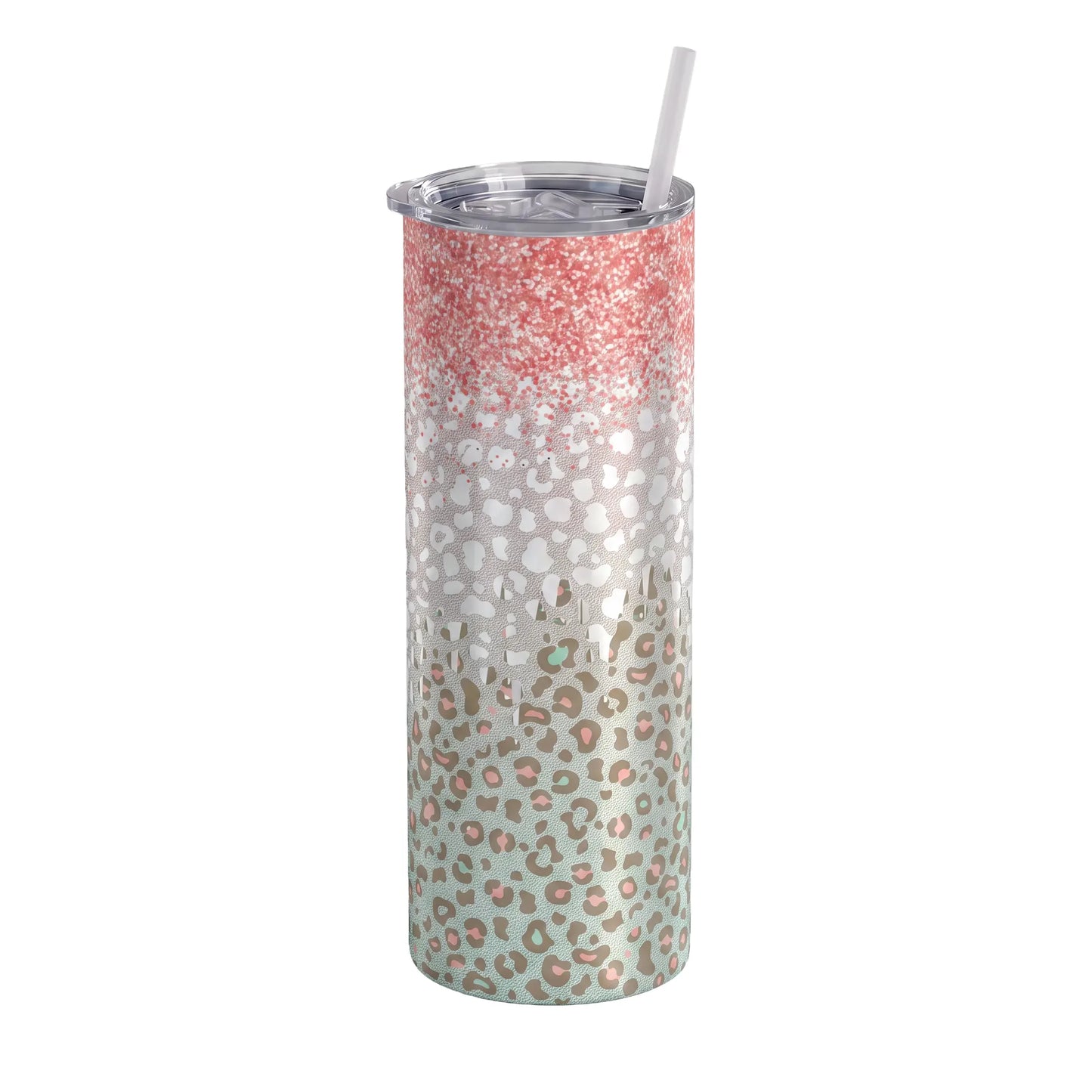 Coral Pink Glitter & Mint Leopard 20oz Skinny Tumbler