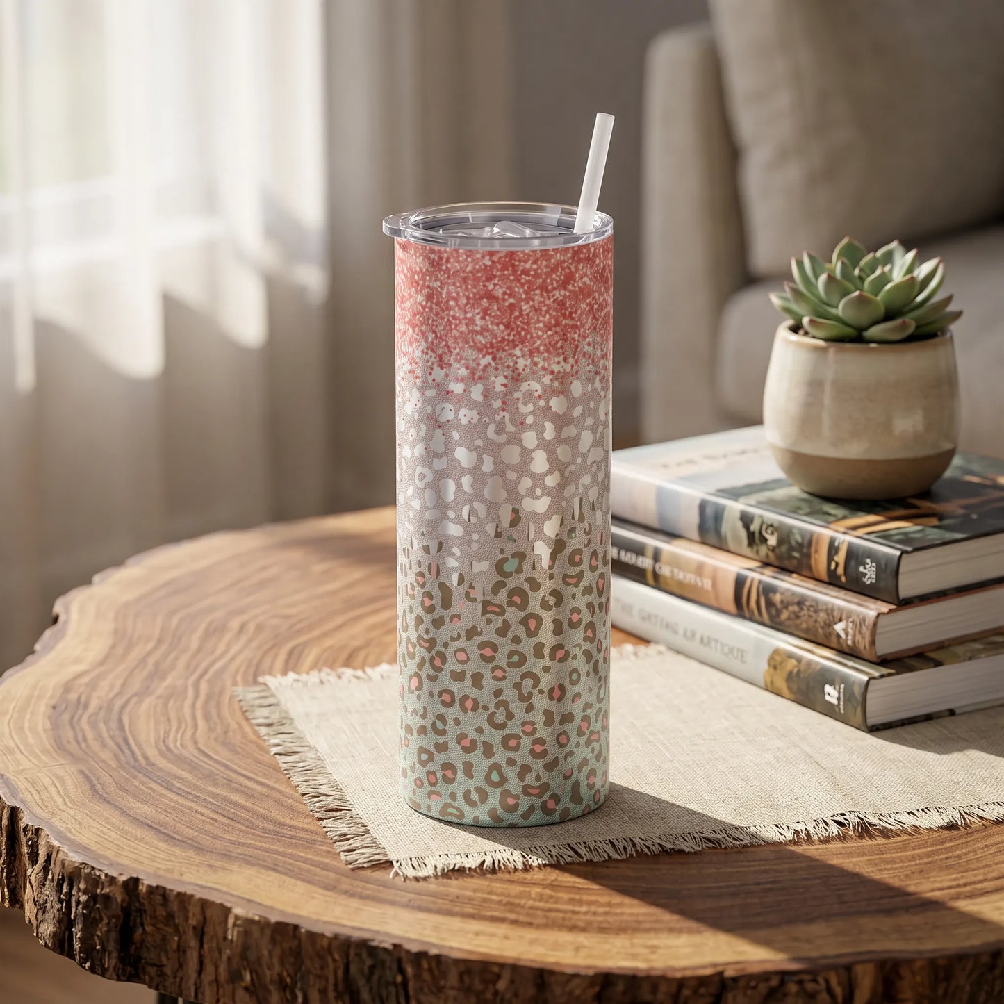 Coral Pink Glitter & Mint Leopard 20oz Skinny Tumbler