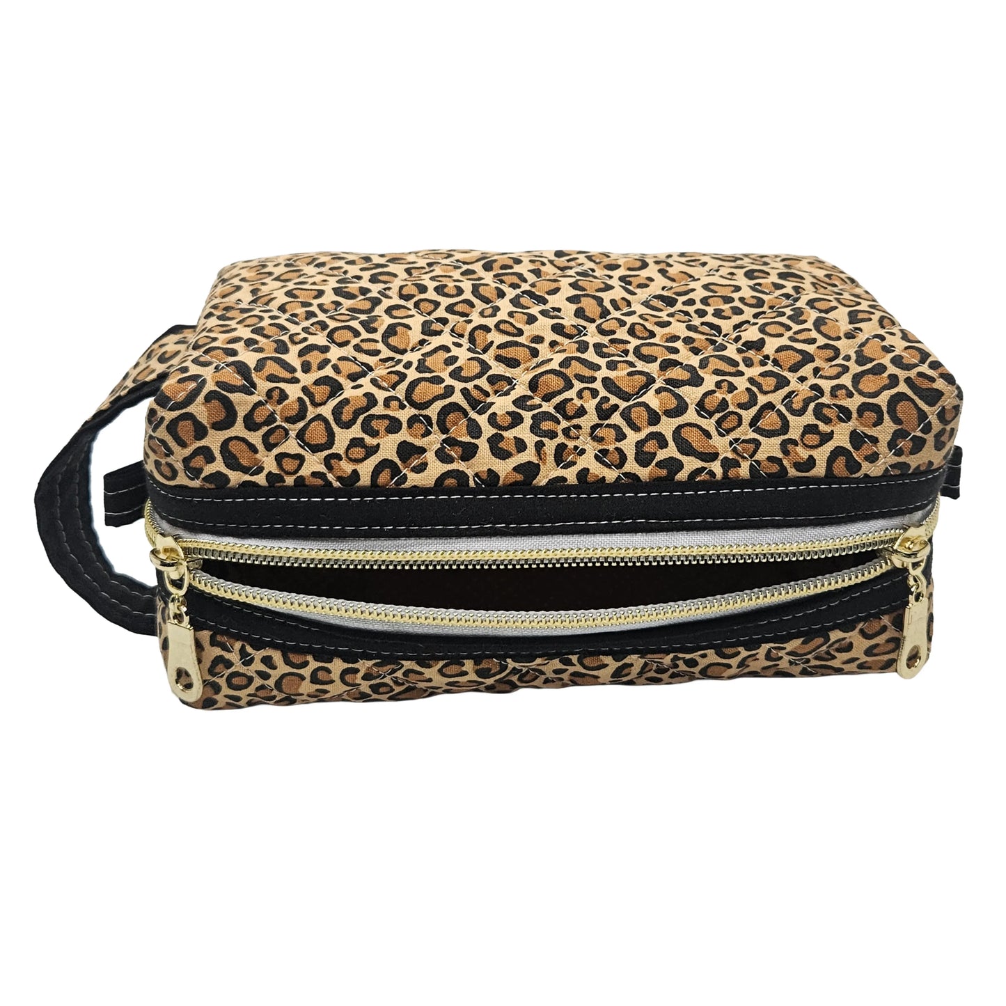 Leopard Pattern Black Accented Quilted Pattern Zipper Box Pouch