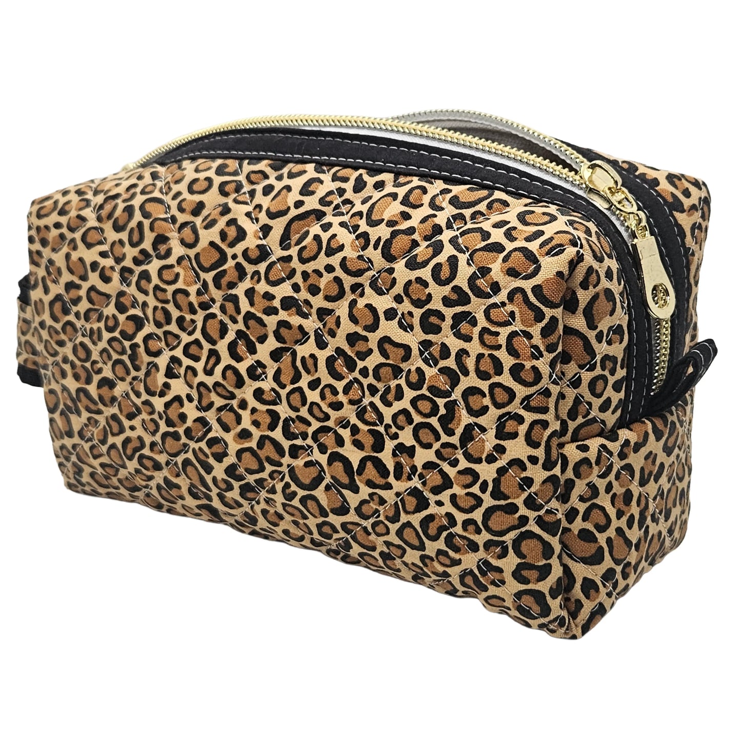 Leopard Pattern Black Accented Quilted Pattern Zipper Box Pouch
