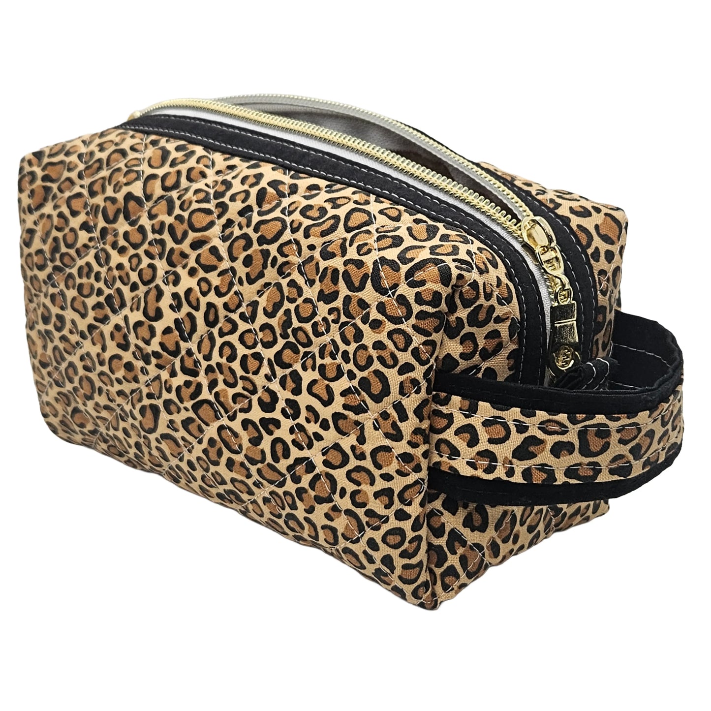 Leopard Pattern Black Accented Quilted Pattern Zipper Box Pouch