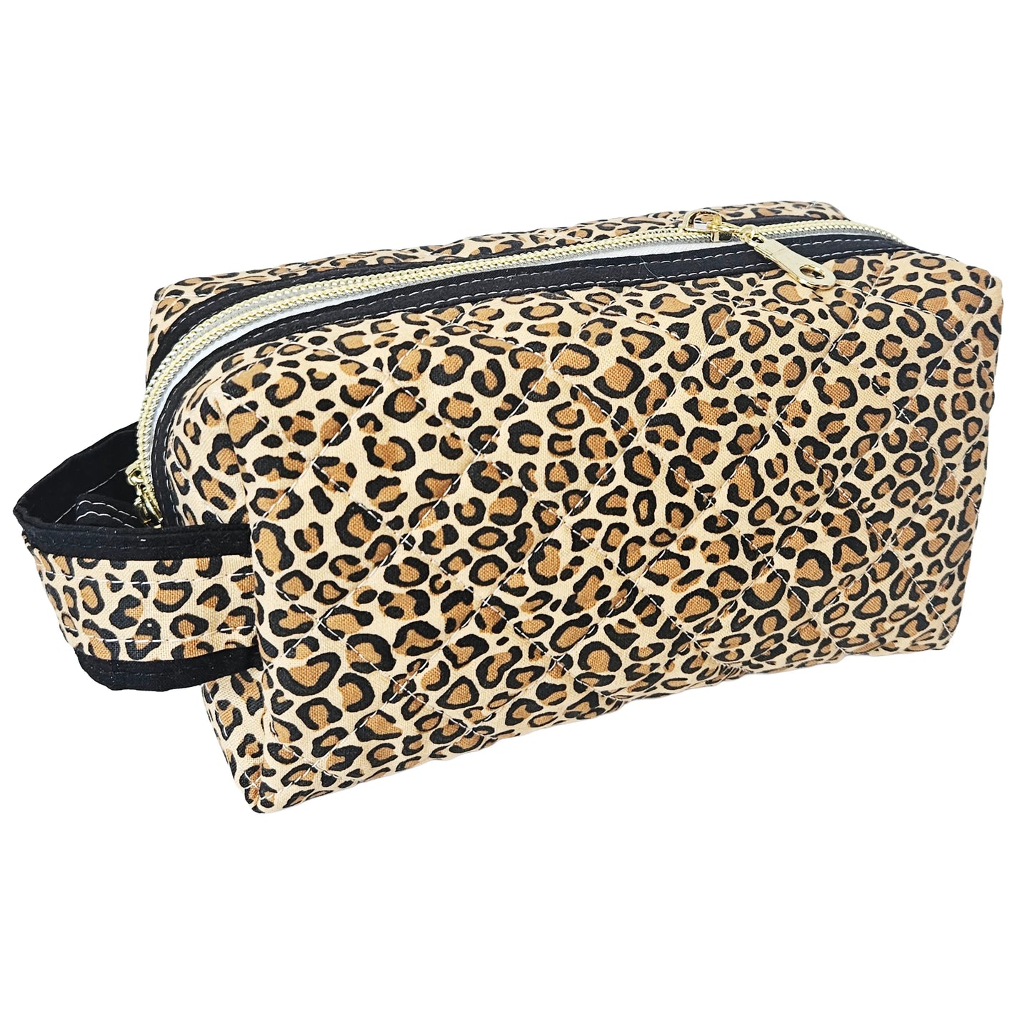 Leopard Pattern Black Accented Quilted Pattern Zipper Box Pouch
