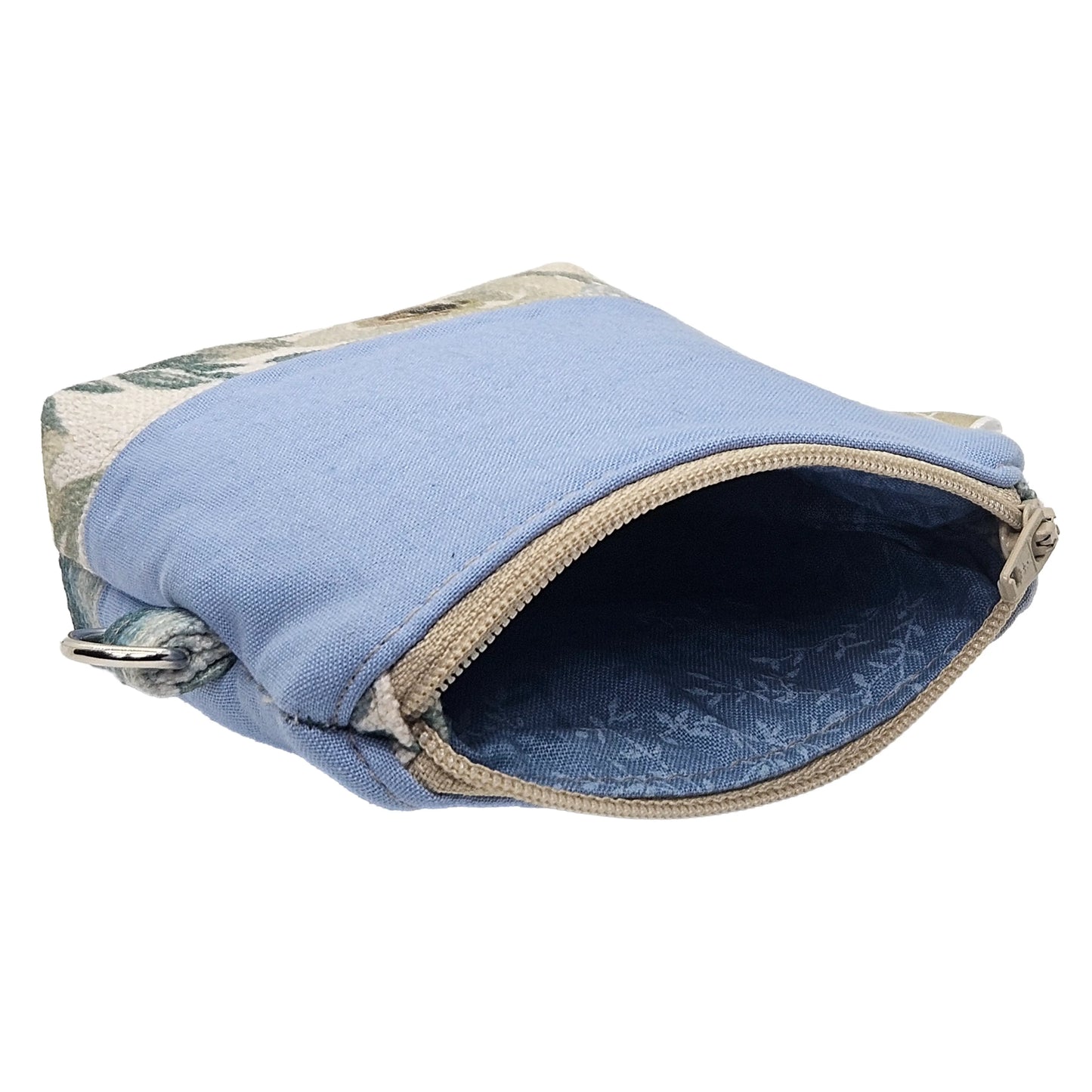 Light Blue Tropical Floral Leaf Pattern Handmade Mini D-Ring Zipper Pouch