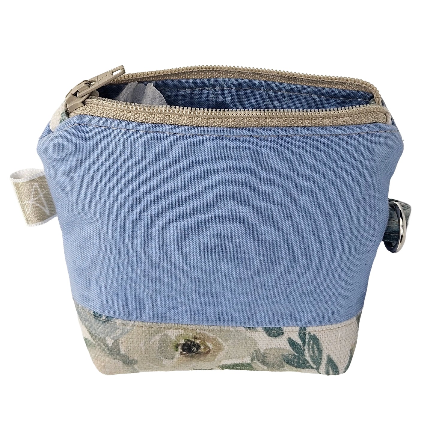 Light Blue Tropical Floral Leaf Pattern Handmade Mini D-Ring Zipper Pouch