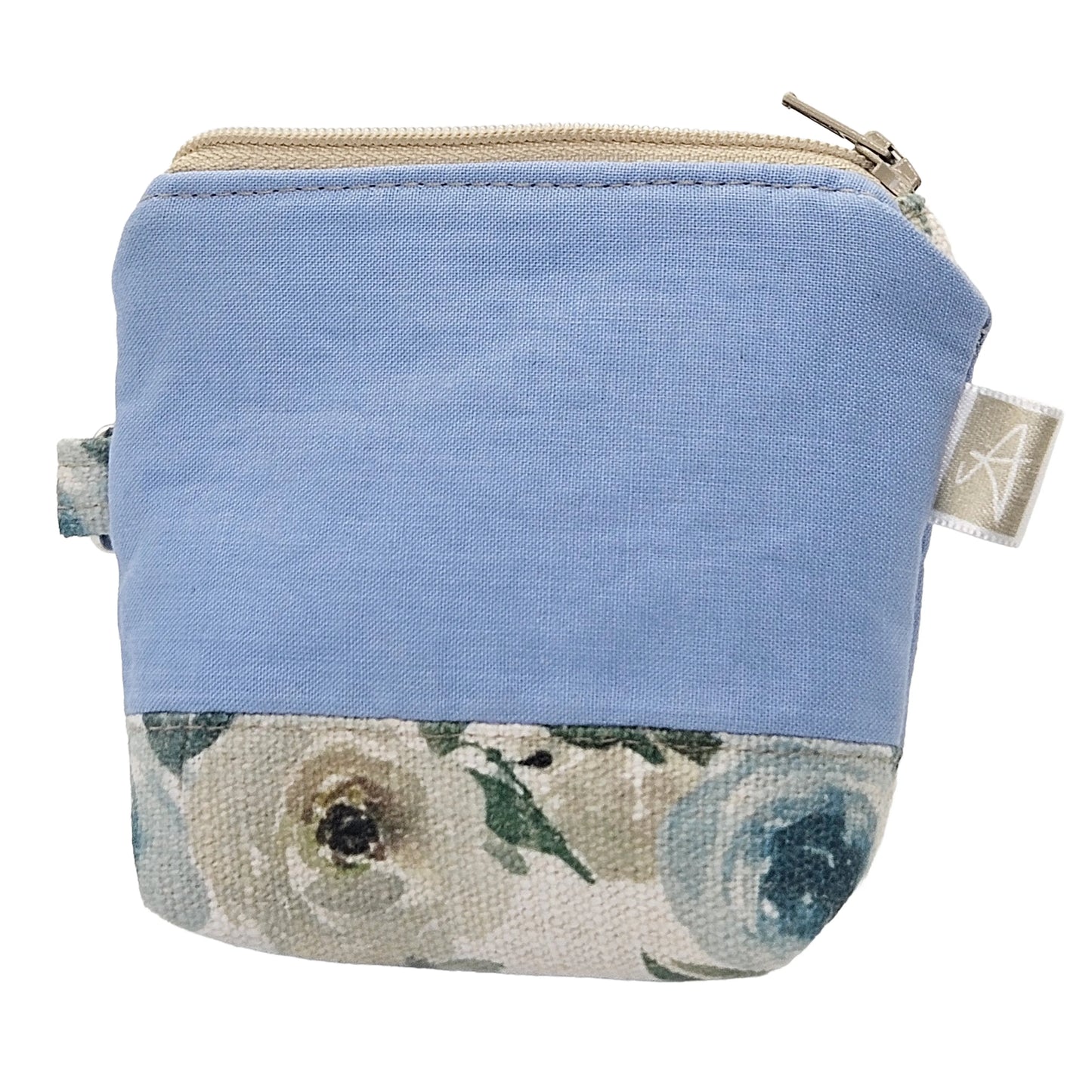 Light Blue Tropical Floral Leaf Pattern Handmade Mini D-Ring Zipper Pouch