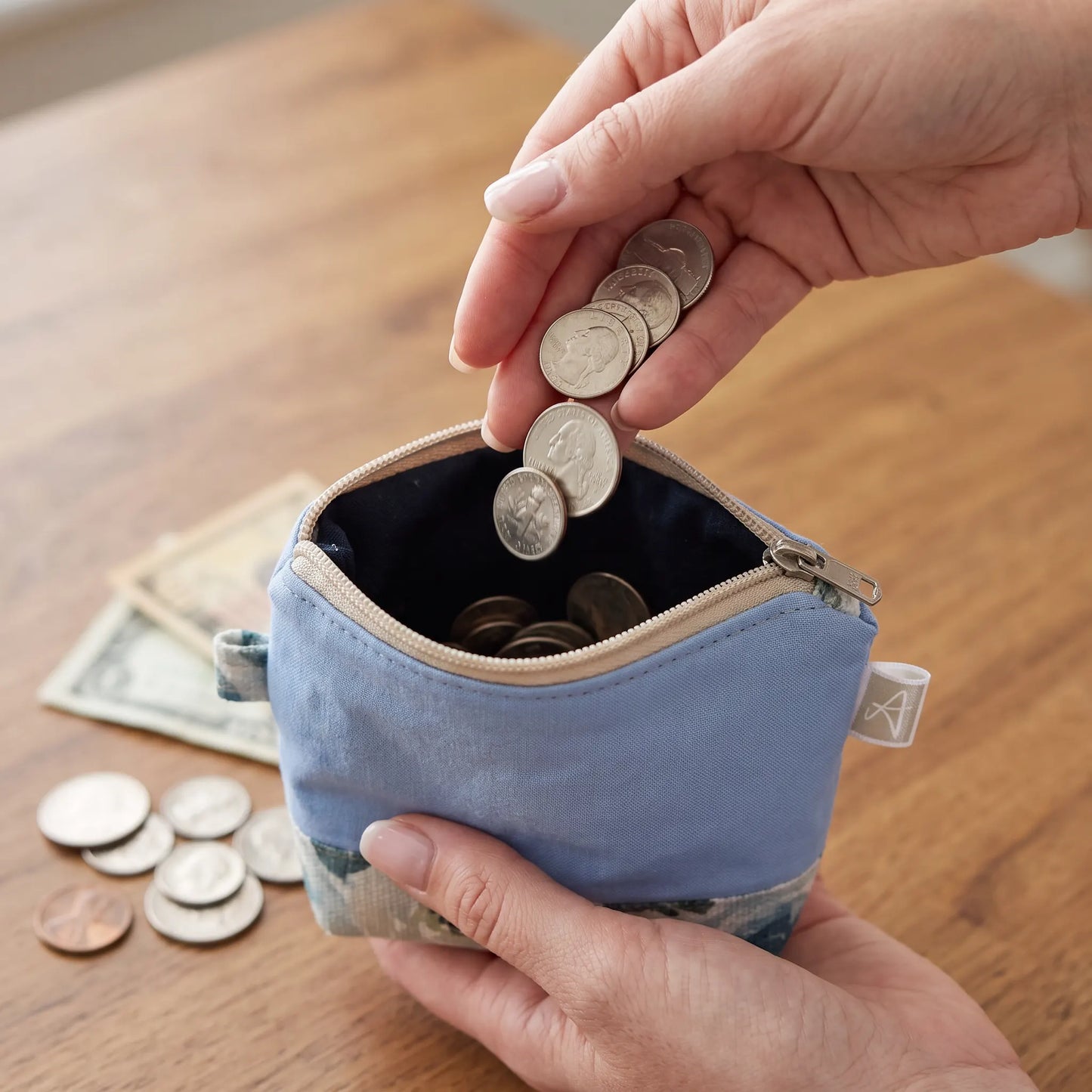 Light Blue Floral Zipper Coin Pouch with Key Ring