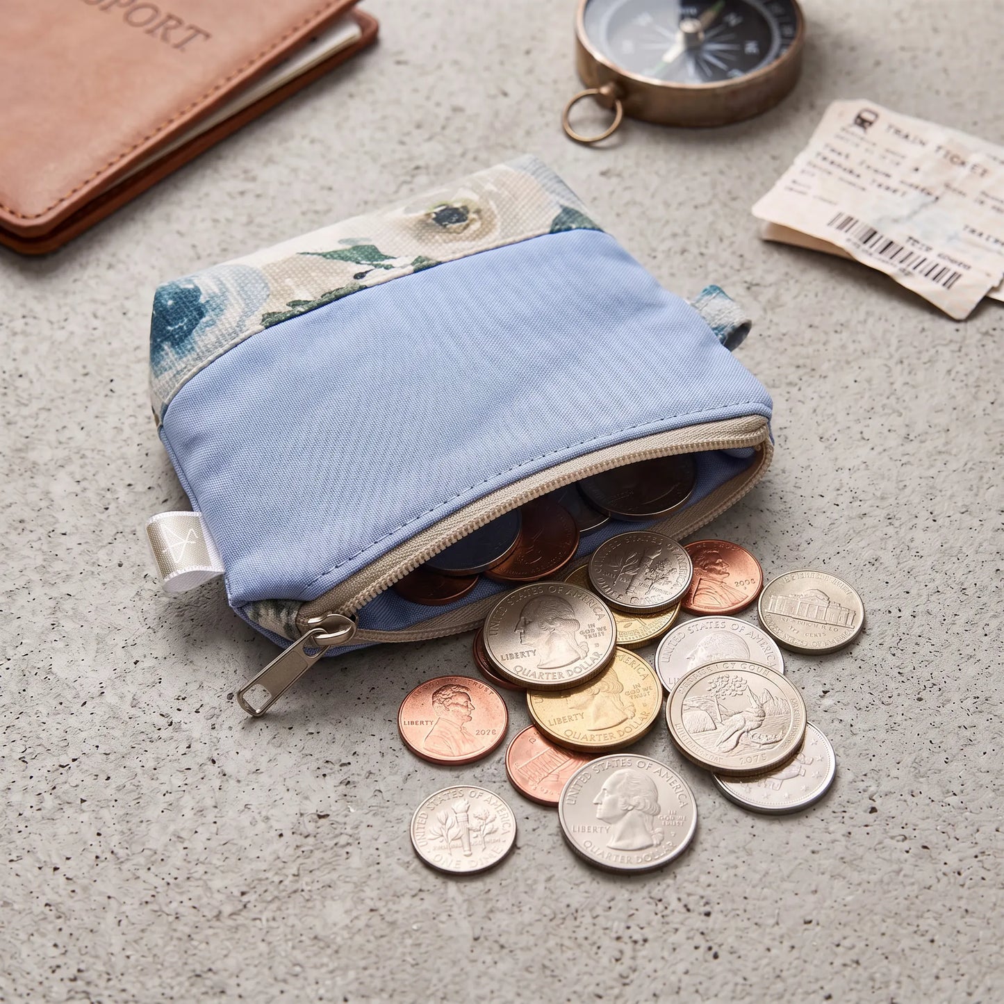Light Blue Floral Zipper Coin Pouch with Key Ring