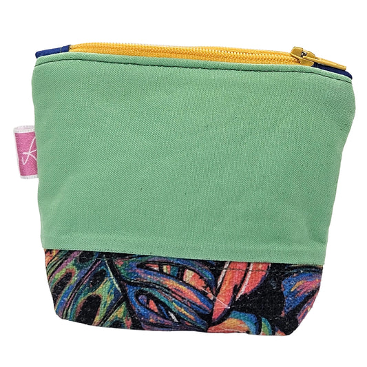 Mint Green Tropical Monstera Leaf Pattern Handmade Mini Zipper Pouch