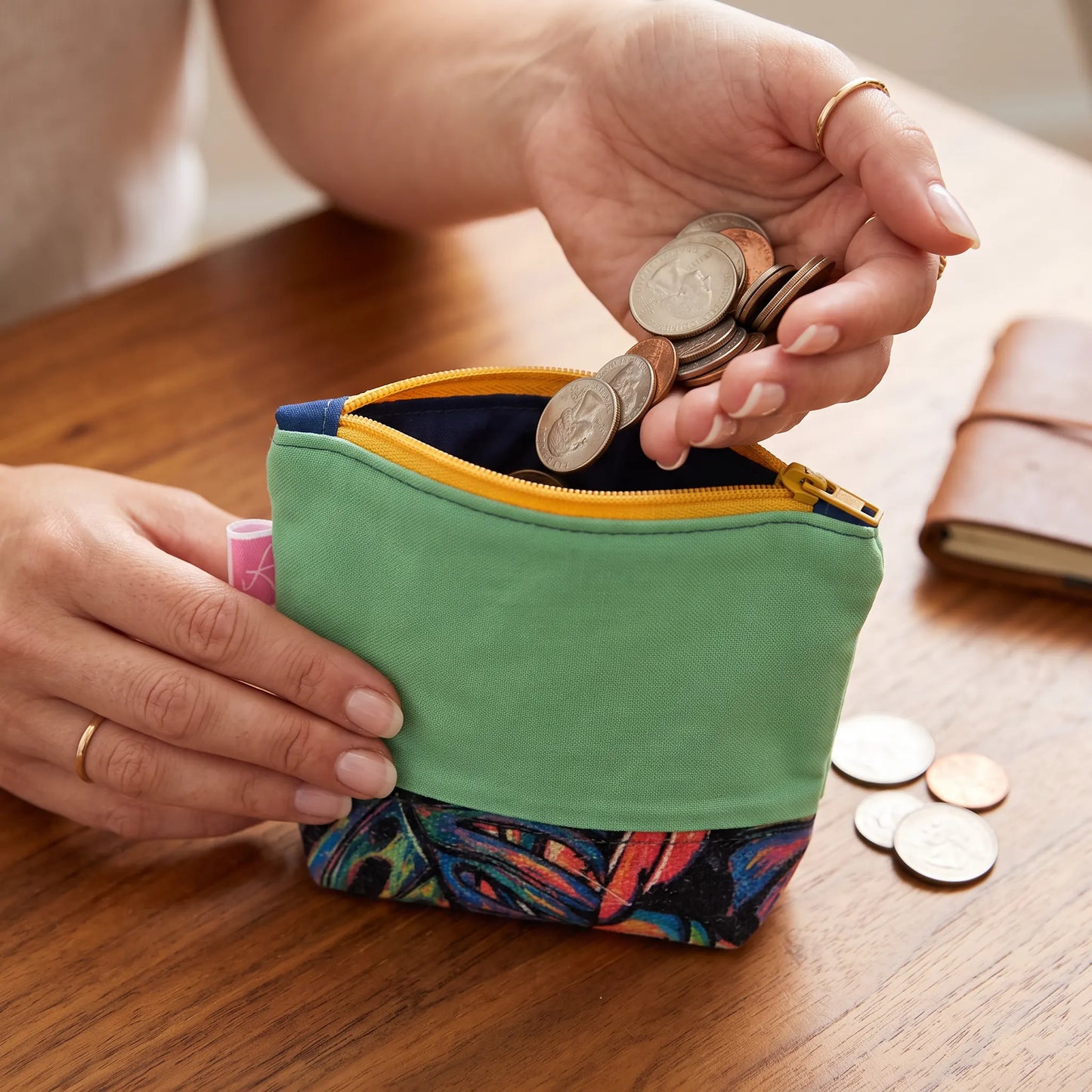 Mint Green Tropical Leaf Zipper Coin Pouch with Key Ring