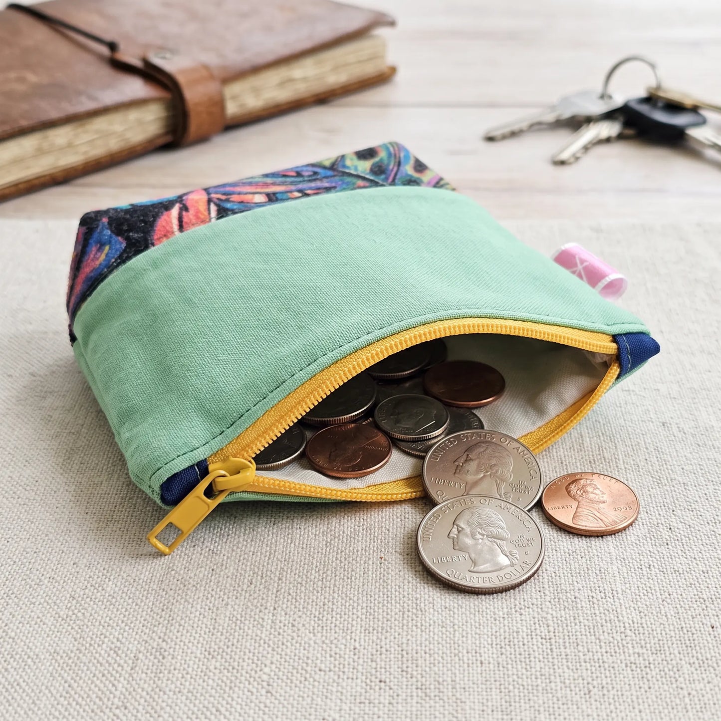 Mint Green Tropical Leaf Zipper Coin Pouch with Key Ring