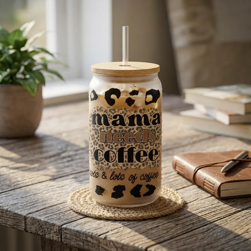 Mama Needs Coffee Lots & Lots of Coffee 16oz Frosted Glass Can Set