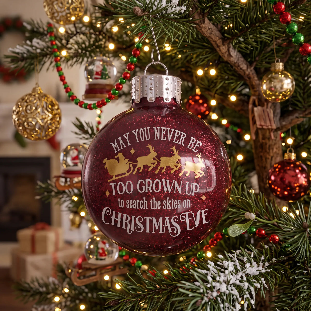 May You Never Be Too Grown Up Christmas Eve Red Metallic Ornament