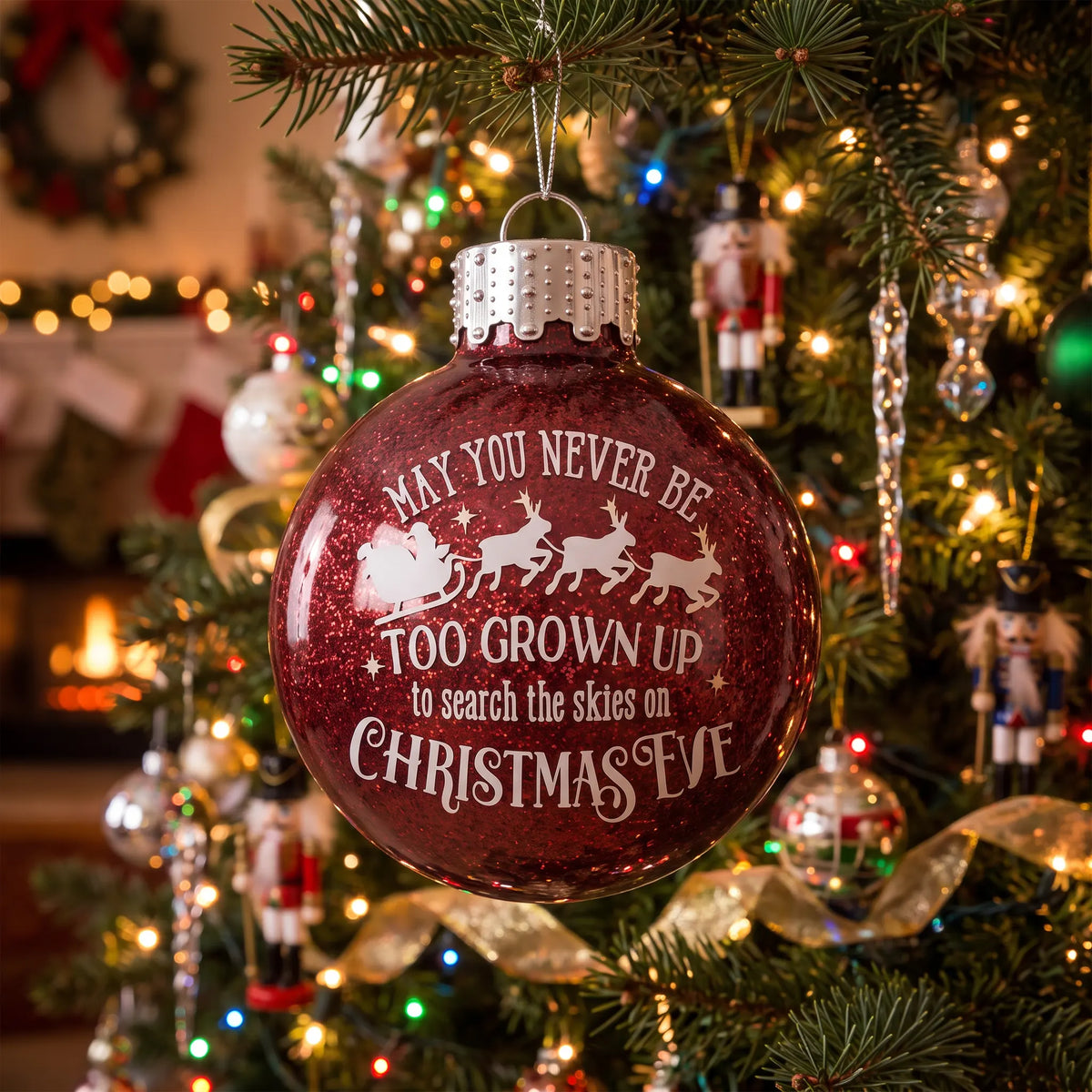 May You Never Be Too Grown Up Christmas Eve Red Metallic Ornament