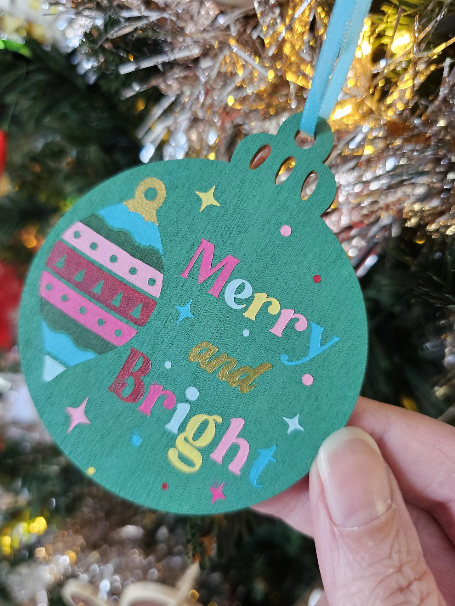 Holiday Merry and Bright Handpainted Wooden Christmas Ornament