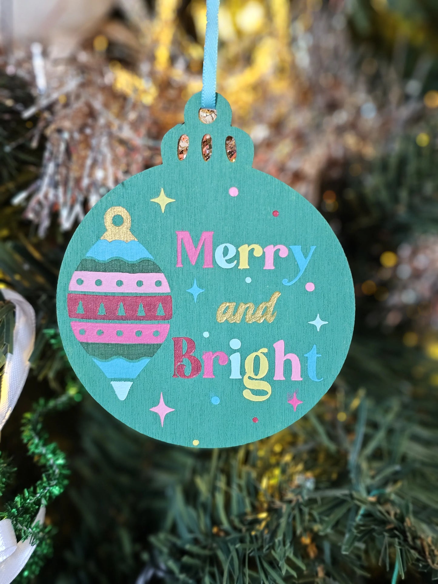 Holiday Merry and Bright Handpainted Wooden Christmas Ornament
