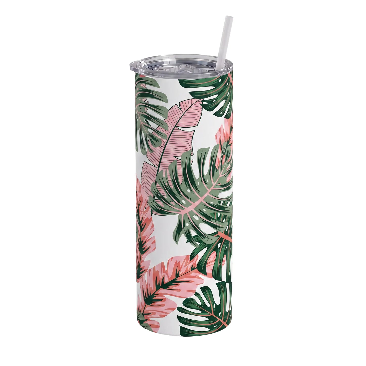 Tropical Pink & Green Monstera Leaf 20oz Skinny Tumbler