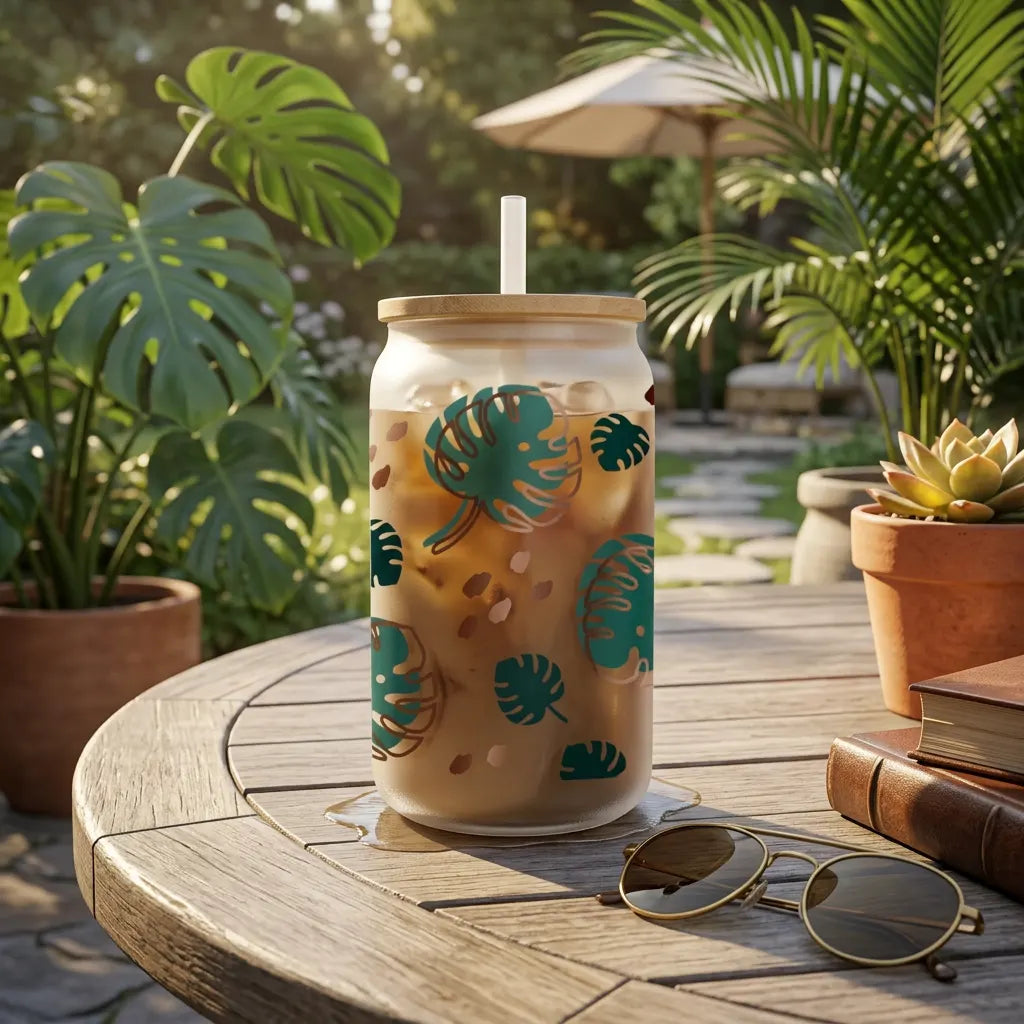 Monstera Leaf Outline 16oz Frosted Glass Can Set