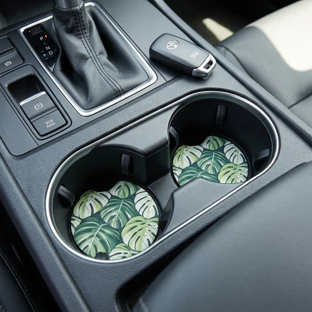 Monstera Leaf Tropical 2 Pack Neoprene Car Coaster Set