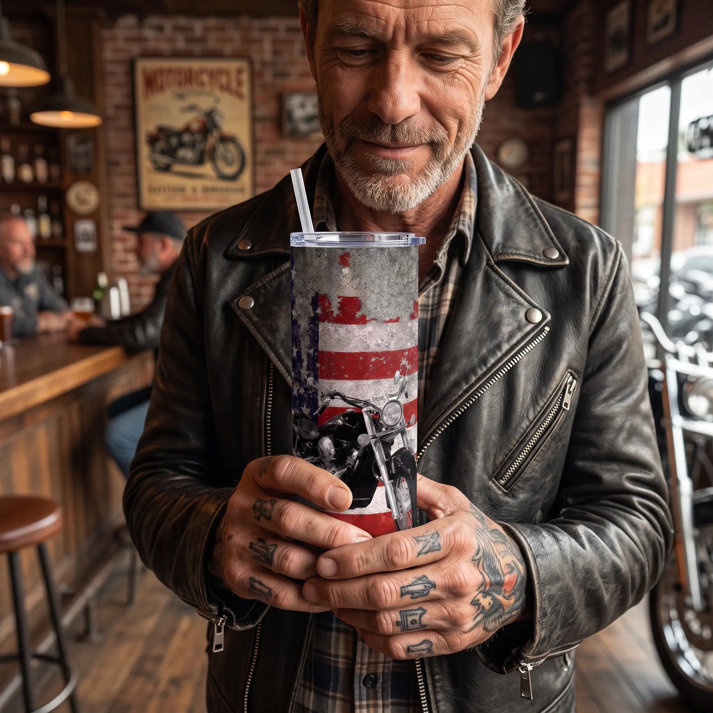 Vintage American Flag Motorcycle 20oz Skinny Tumbler