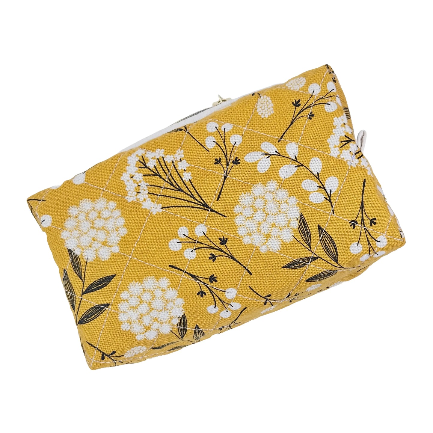 Mustard Yellow Floral Pattern Handmade Mini Quilted Zipper Box Pouch
