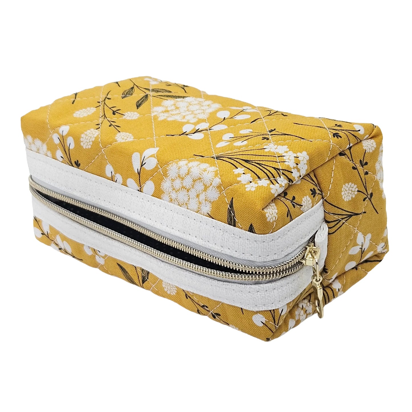 Mustard Yellow Floral Pattern Handmade Mini Quilted Zipper Box Pouch