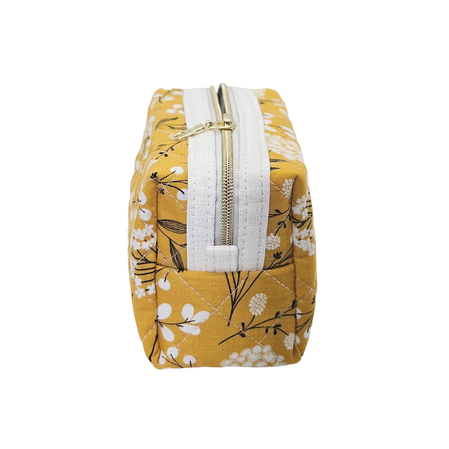 Mustard Yellow Floral Pattern Handmade Mini Quilted Zipper Box Pouch