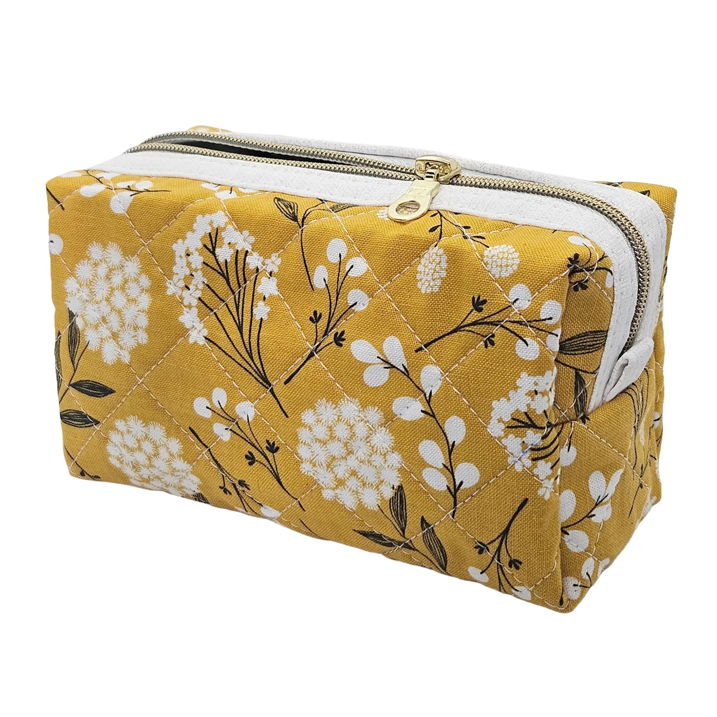 Mustard Yellow Floral Pattern Handmade Mini Quilted Zipper Box Pouch