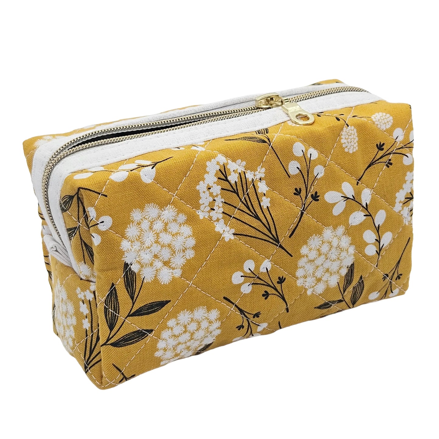 Mustard Yellow Floral Pattern Handmade Mini Quilted Zipper Box Pouch