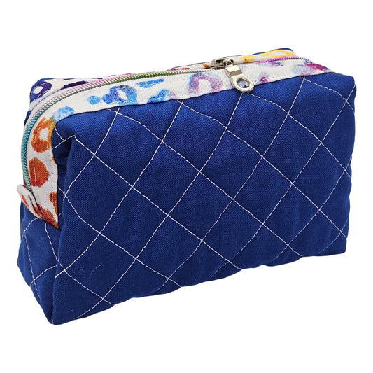 Ocean Blue Rainbow Colored Leopard Print Accented Quilted Pattern Mini Zipper Box Pouch