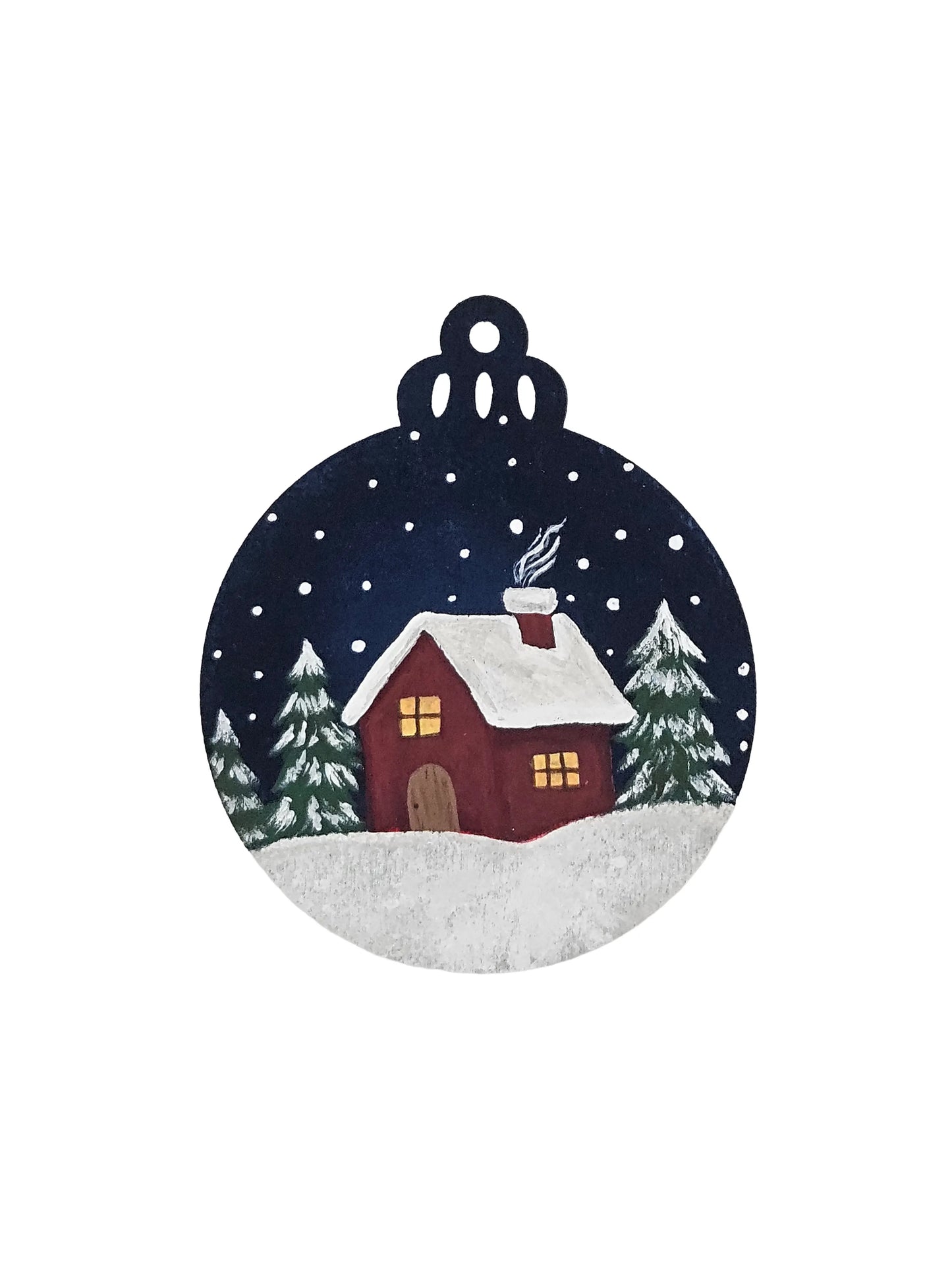 Old Fashioned Cabin Snowfall Handpainted Wooden Christmas Ornament