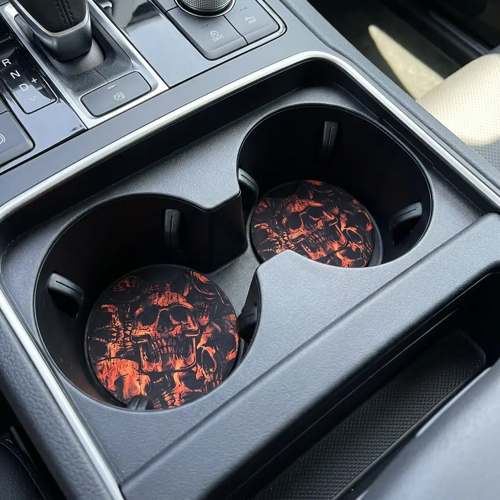 Orange Fire Flame Skulls 2-Pack Neoprene Car Coaster Set
