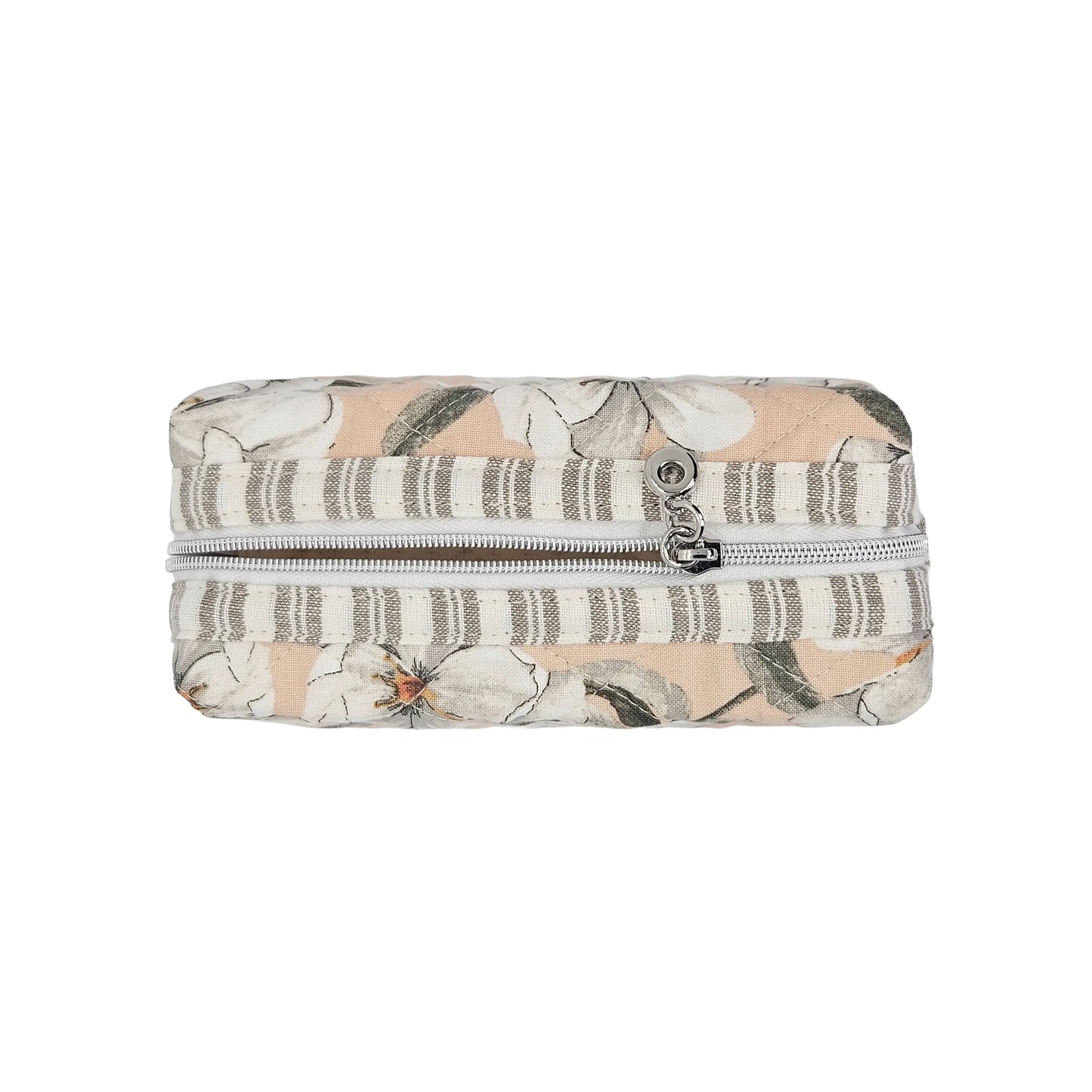 Peach White Magnolia Flower Striped Accent Quilted Pattern Mini Zipper Box Pouch
