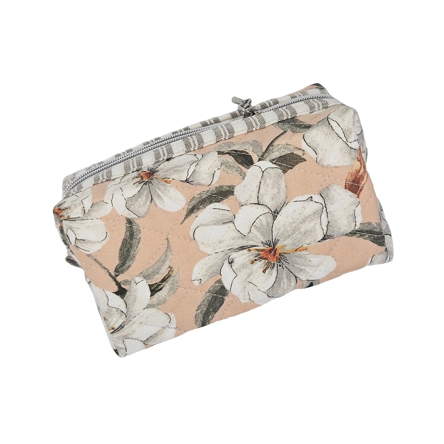 Peach White Magnolia Flower Striped Accent Quilted Pattern Mini Zipper Box Pouch