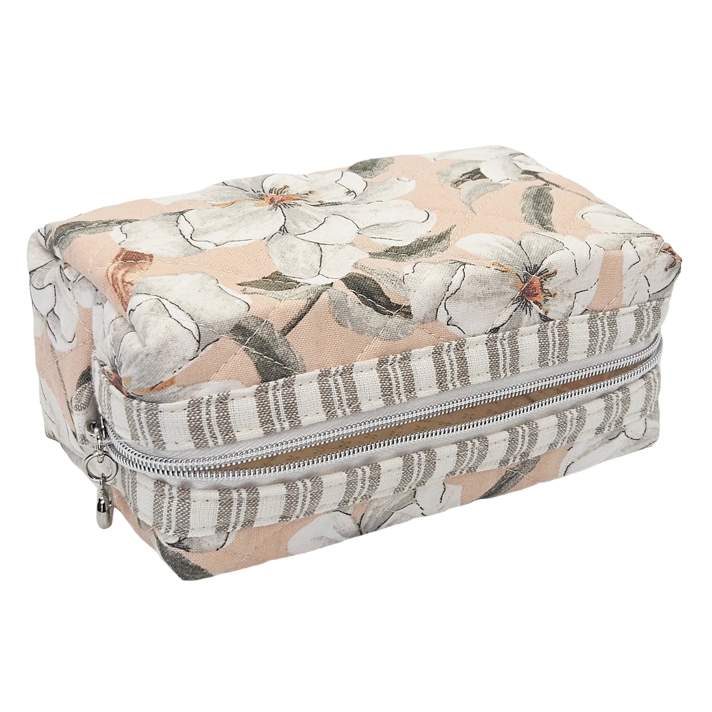 Peach White Magnolia Flower Striped Accent Quilted Pattern Mini Zipper Box Pouch
